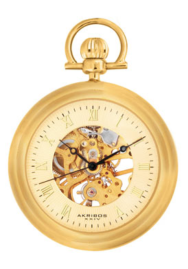 MENS AKRIBOS XXIV Mechanical Skeleton Goldtone Pocket Watch