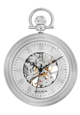 MENS AKRIBOS XXIV Men's Mechanical Skeleton Silvertone Pocket Watch